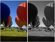 color image of hot air ballons next to black and white version of same image